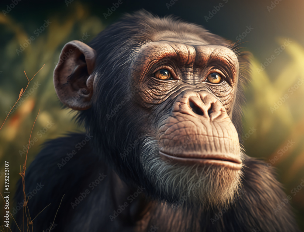 chimpanzee closeup pose enjoys nature, Bright sky, Safe Atmosphere, HQ landscape, Greenland, photore