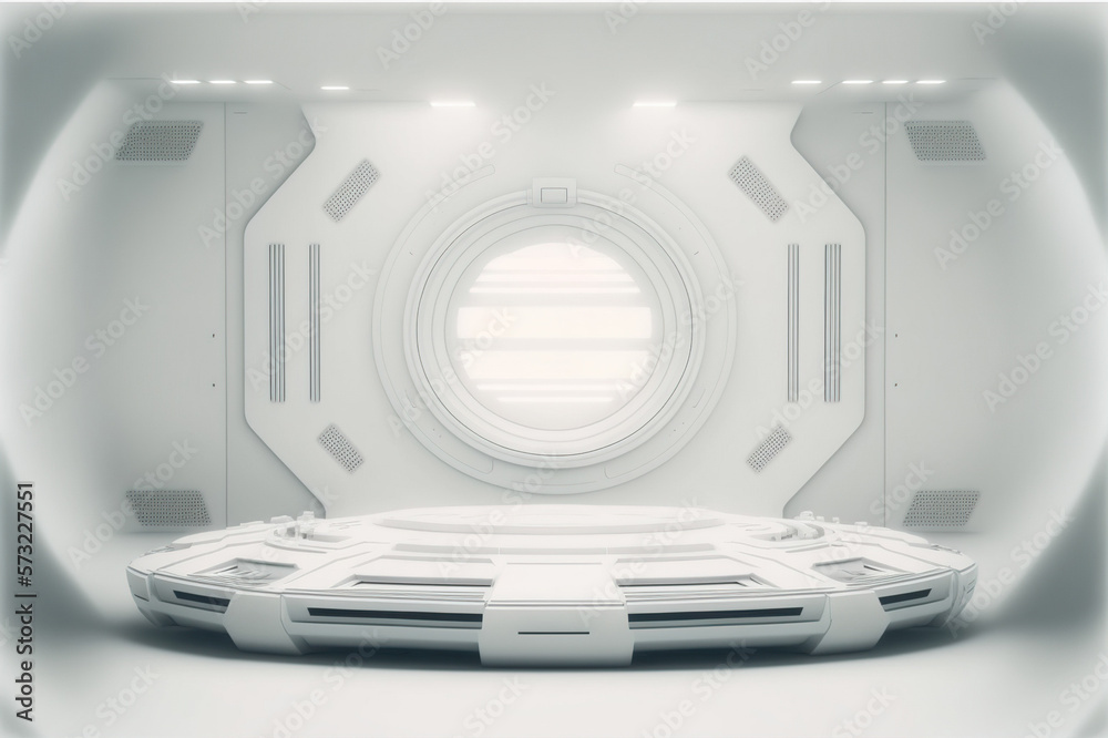 Futuristic stage in a spaceship showroom floor with copy space for product display mock up . White c