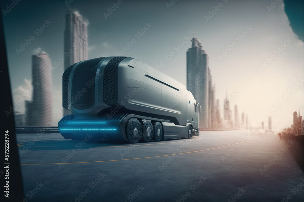 Self driving futuristic freight truck deliver goods to warehouse on city highway road with advanced 