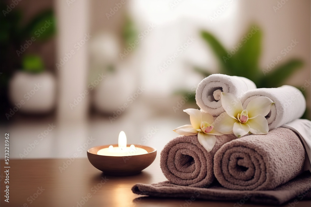 AI Generative image, spa accessory composition set in spa hotel , beauty wellness center . Spa produ