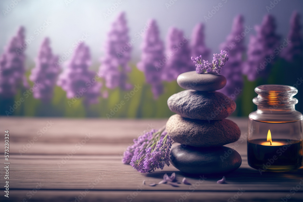 AI Generative image, spa lavender composition set in spa hotel , beauty wellness center . Spa produc