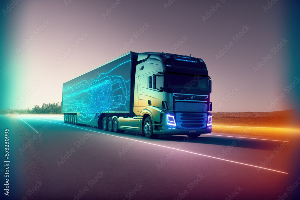 Self driving futuristic freight truck deliver goods to warehouse on city highway road with advanced 