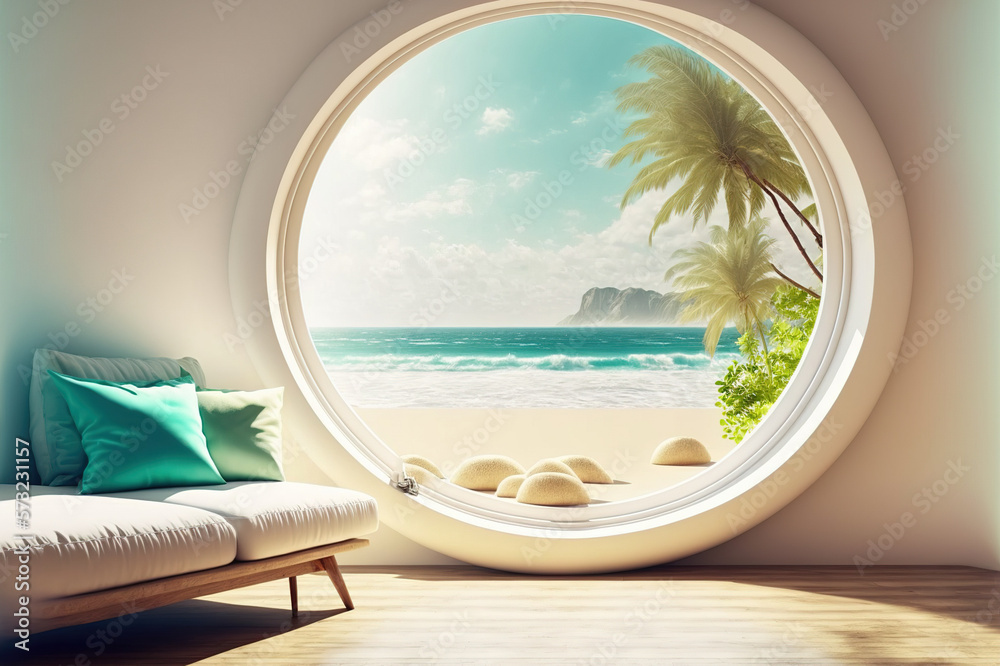 A room with round glass window overlooking beautiful landscape background . Hotel futuristic showroo