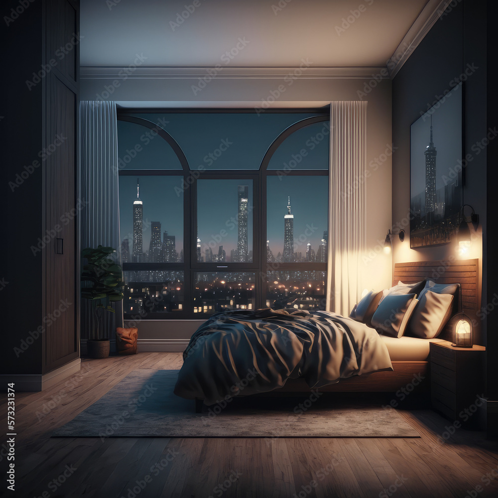 Interior of luxury penthouse bedroom at night. Peculiar AI generative image.