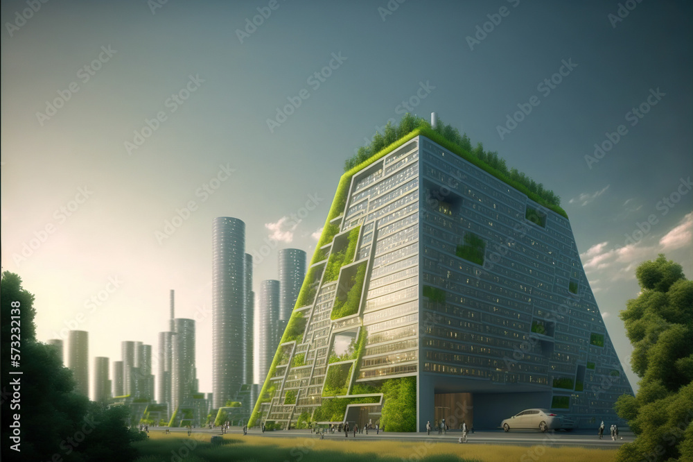 Sustainable green city with futuristic office building and architecture . Sublime Generative AI imag