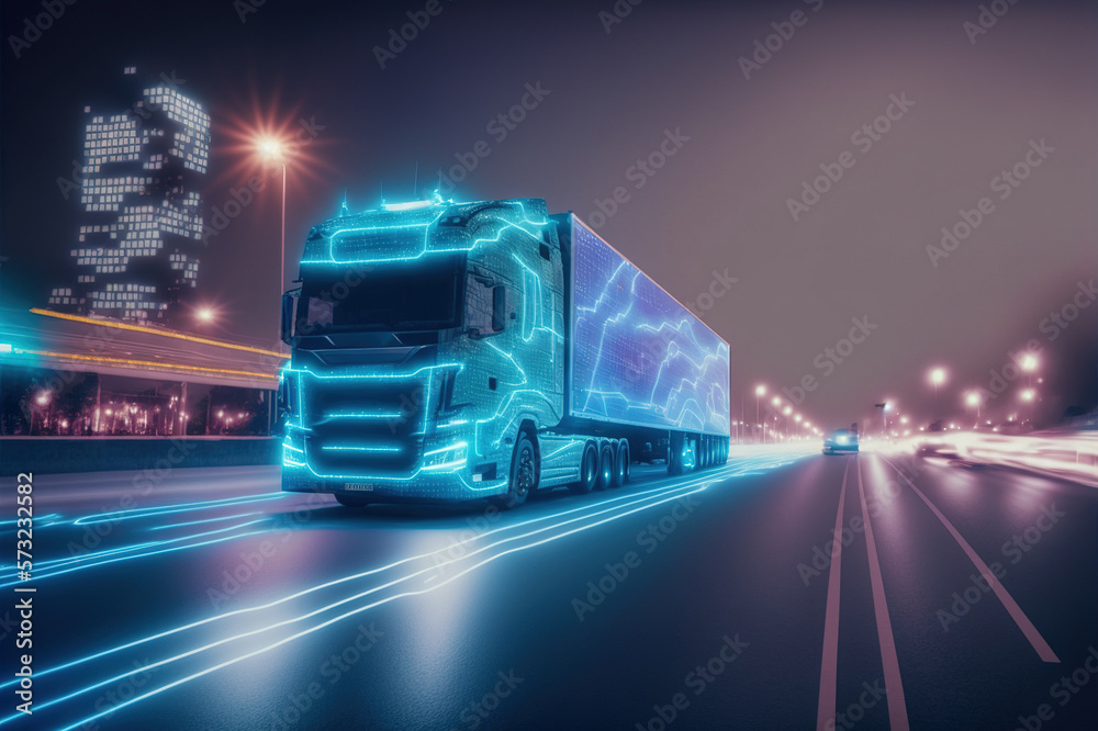 Self driving futuristic freight truck deliver goods to warehouse on city highway road with advanced 