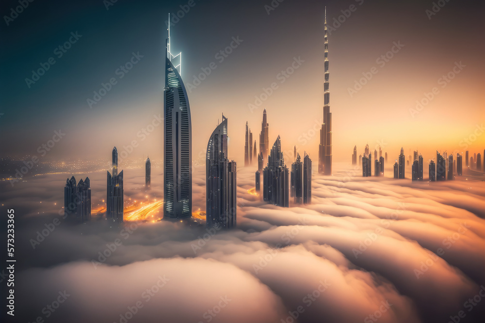 Top of skyscrapers building high above the clouds in the morning sunrise . Futuristic architecture o