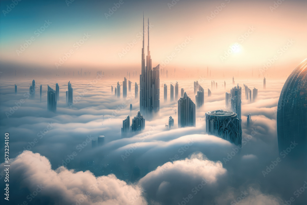 Top of skyscrapers building high above the clouds in the morning sunrise . Futuristic architecture o