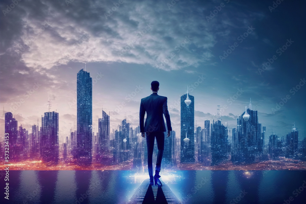 Businessman walking on virtual reality platform to futuristic smart city of opportunity with interne