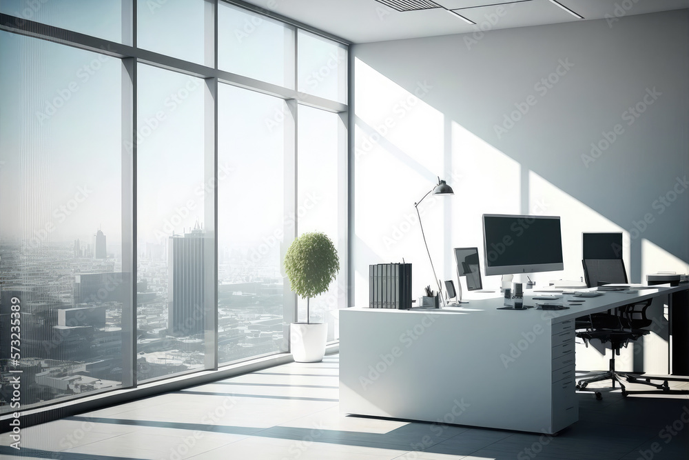 Empty modern office background in city center . Workspace interior design . Clean and bright office 