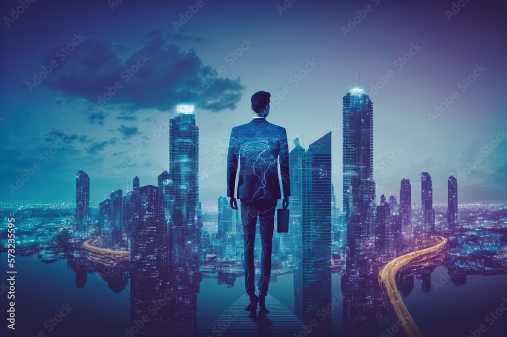 Businessman walking on virtual reality platform to futuristic smart city of opportunity with interne