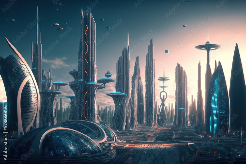 Skyline of futuristic city with fictional architecture in panoramic view . Megalopolis landscape wit