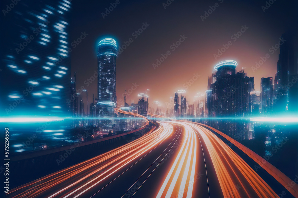 Smart digital city with high speed light trail of cars of digital data transfer . Sublime Generative