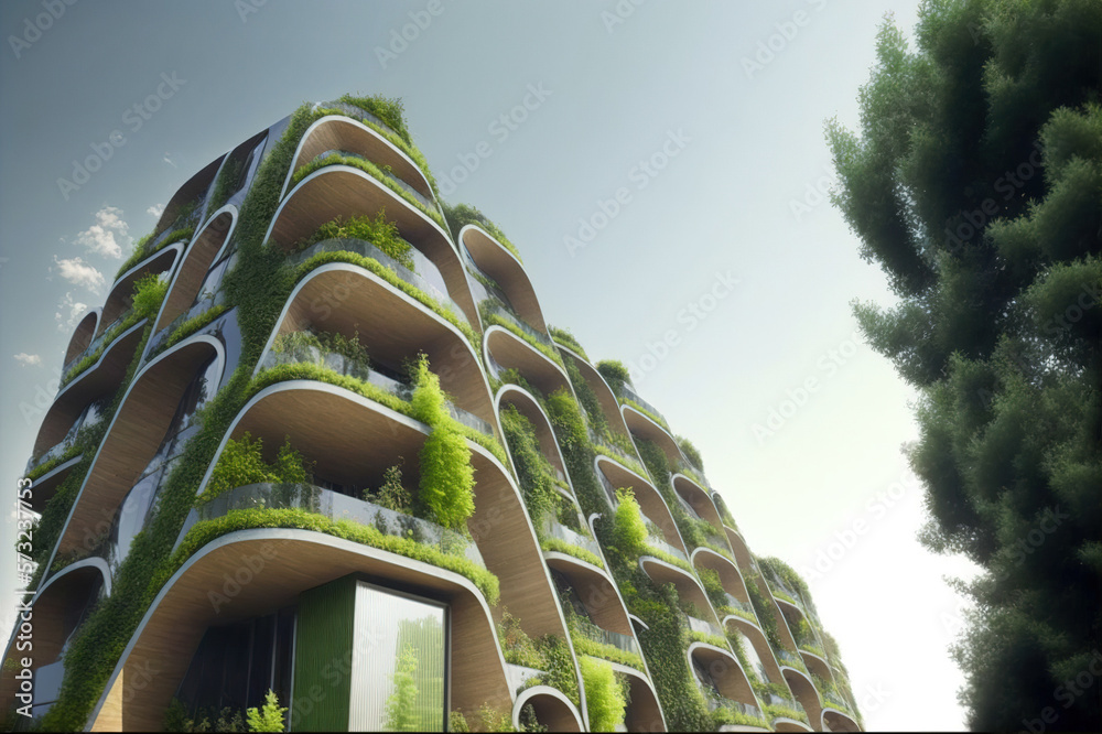 Eco-friendly green building with vertical garden design for sustainability . Sublime Generative AI i