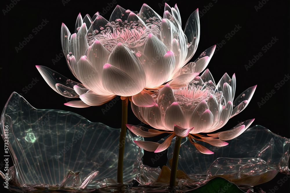 Dreamlike image of light glowing lotus flower or water lily with transparent pink illumination under