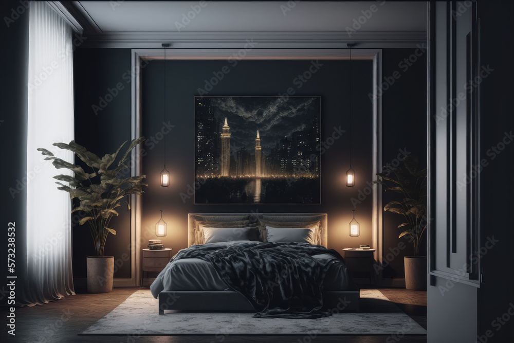 Interior of luxury penthouse bedroom at night. Peculiar AI generative image.