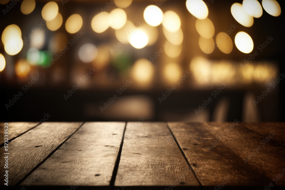 Empty wood table for product display in blur background of admirable restaurant at night