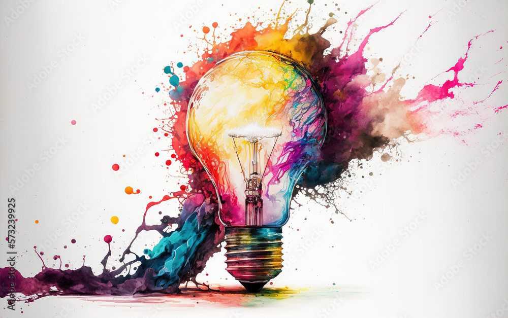 colorful bulb with color splash on white background . Sublime Generative AI image .