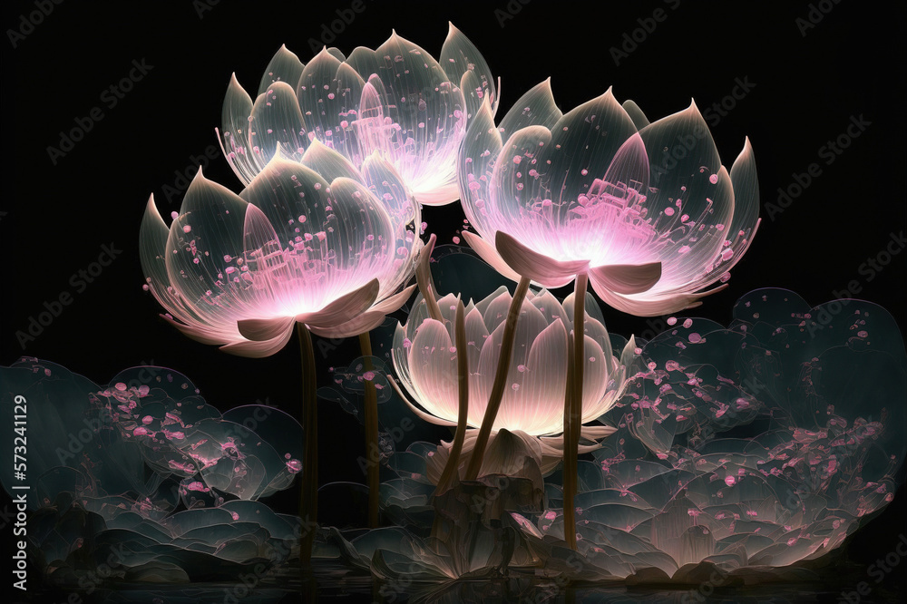 Dreamlike image of light glowing lotus flower or water lily with transparent pink illumination under