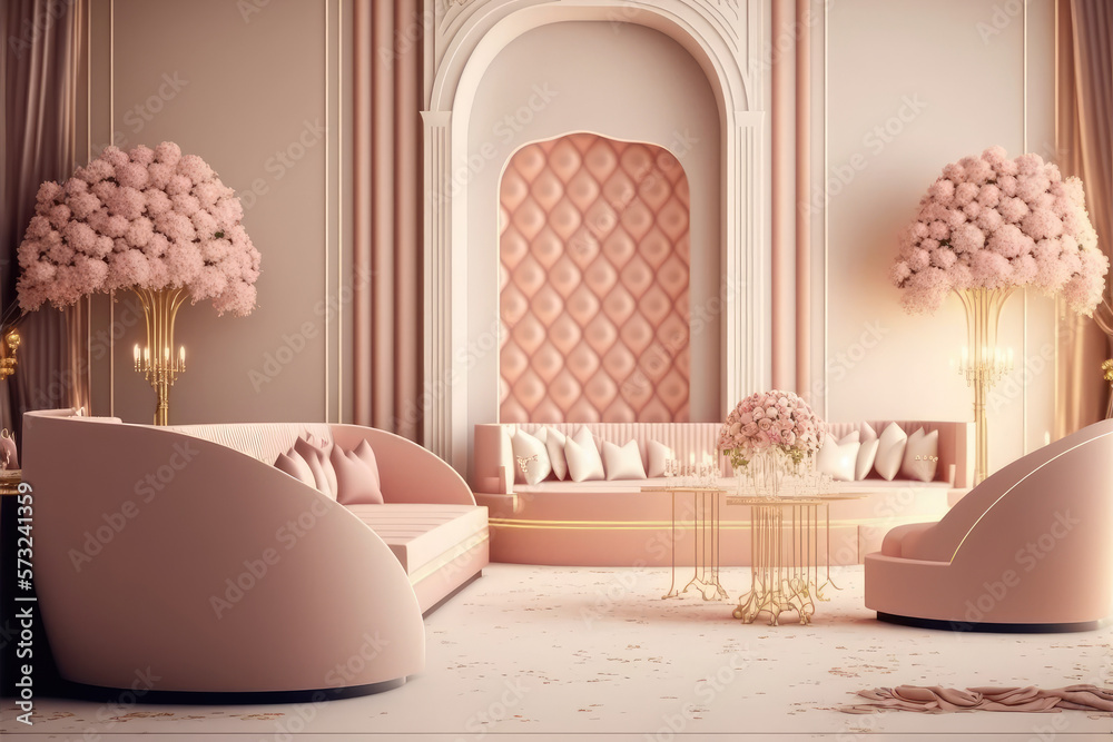 Modern living room interior design decorated in luxurious all pink color monochrome. Peculiar AI gen