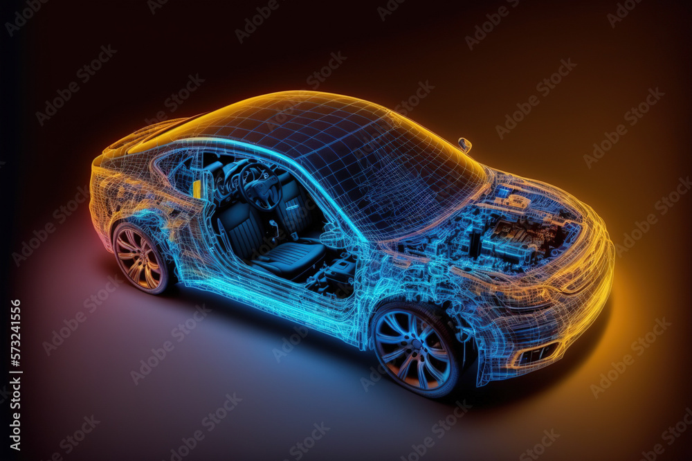 Virtual simulation of future electric car showing wireframe prototype model blueprint in display for