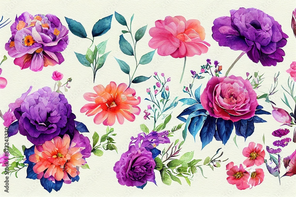 Flower bouquet set watercolor pieces of artwork design. Spring and summer flower nature in style of 