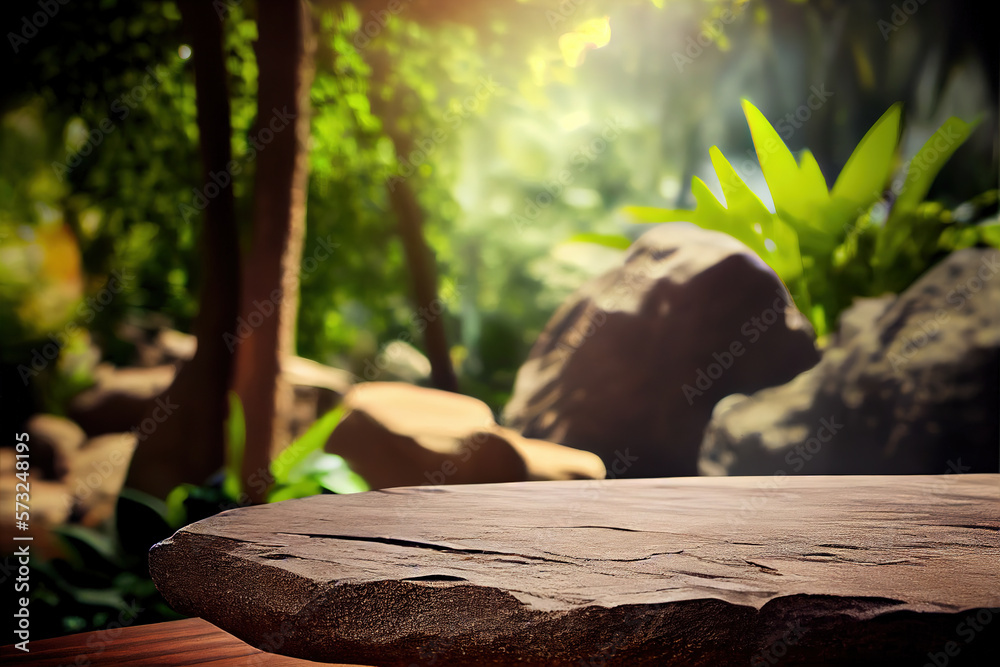 Empty stone table for product advertising display in fresh green jungle blur background . Admirable 