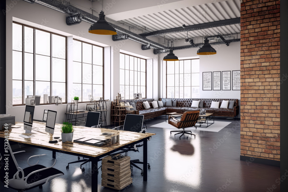 Luxury workspace office decorated with industrial loft modern interior design. Peculiar AI generativ