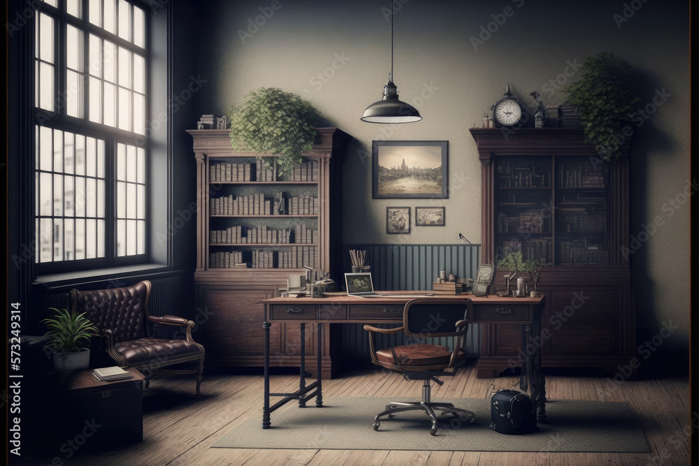 Antique home interior with working space and study desk in elegant room. Peculiar AI generative imag