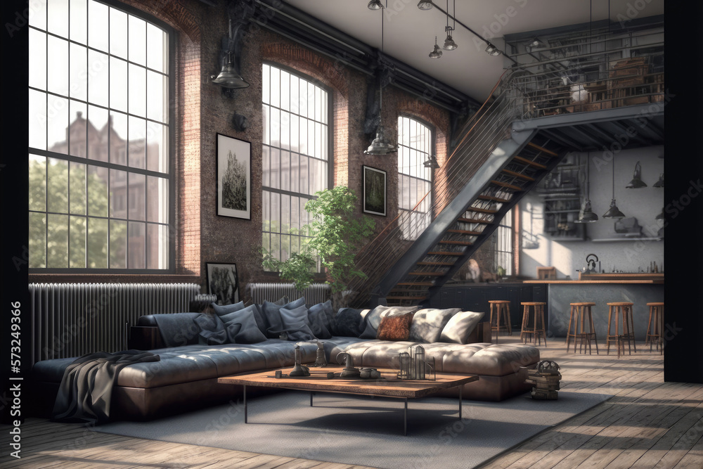 Luxury apartment decorated with industrial loft modern interior design. Peculiar AI generative image