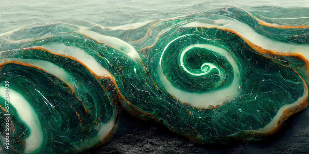 Sedate marco detailed luxurious jade green and golden ripple alcohol ink pattern in agate. Swirled o