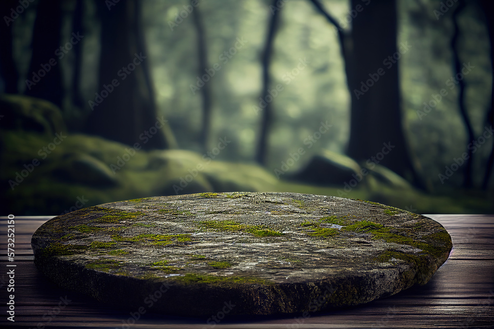 Empty stone table for product advertising display in fresh green jungle blur background . Admirable 