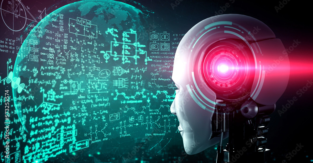 hominoid AI robot looking at hologram screen in concept of math calculation and scientific equation 