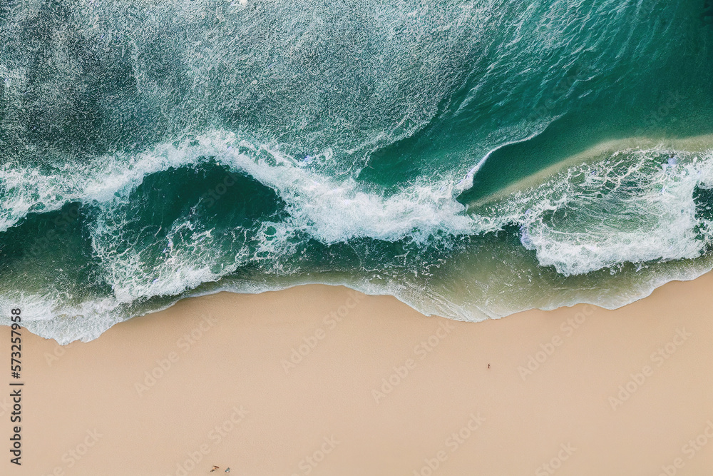 Spectacular top view from drone photo of beautiful beach with relaxing sunlight, sea water waves pou