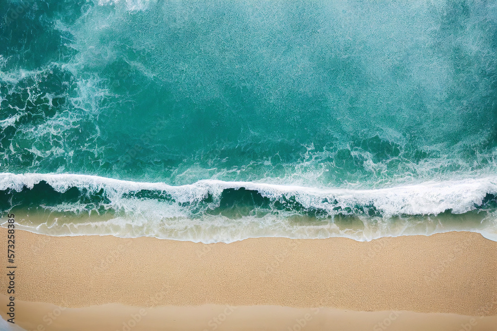 Spectacular top view from drone photo of beautiful beach with relaxing sunlight, sea water waves pou