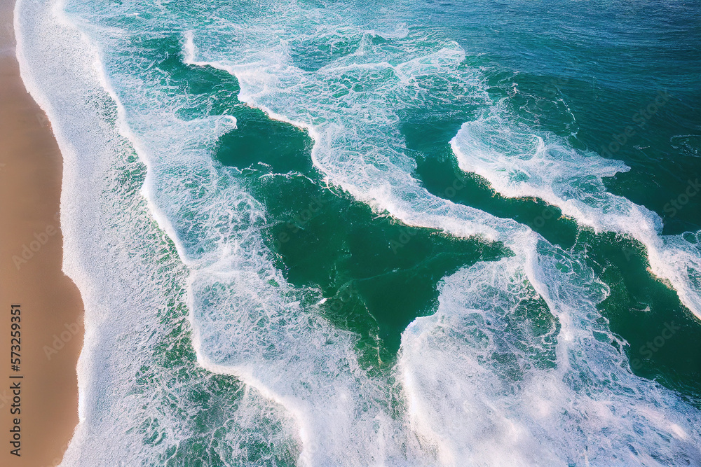 Spectacular top view from drone photo of beautiful beach with relaxing sunlight, sea water waves pou