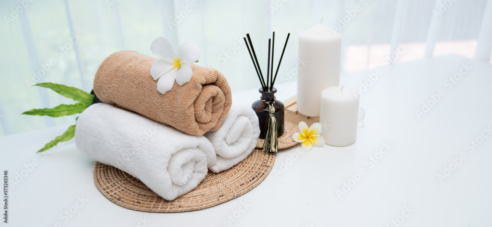 Spa accessory composition set in day spa hotel , beauty wellness center . Spa product are placed in 