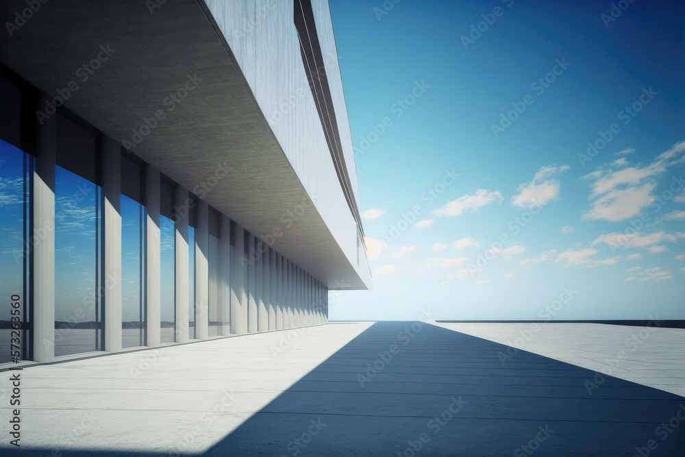 Modern architecture exterior of public hall entrance in urban building outdoor under bright sky with