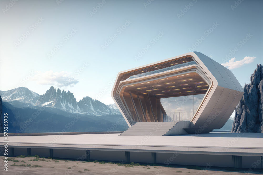 Futuristic architecture of modern hall entrance facade on high mountain top scenery with empty outdo