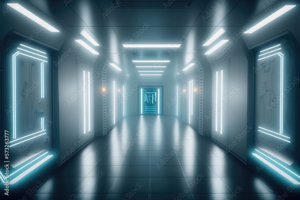 Empty sci-fi futuristic room of spaceship with blue light decoration . Super modern interior design.