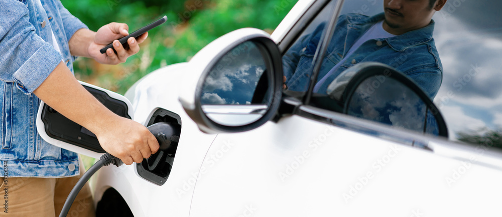 Progressive natural scenic where hand insert charging plug to electric vehicle from charging station