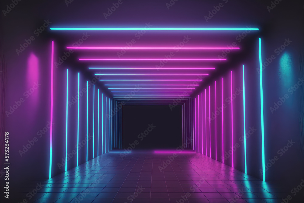 Neon light corridor tunnel with diminishing perspective view . Futuristic walking pathway. Peculiar 