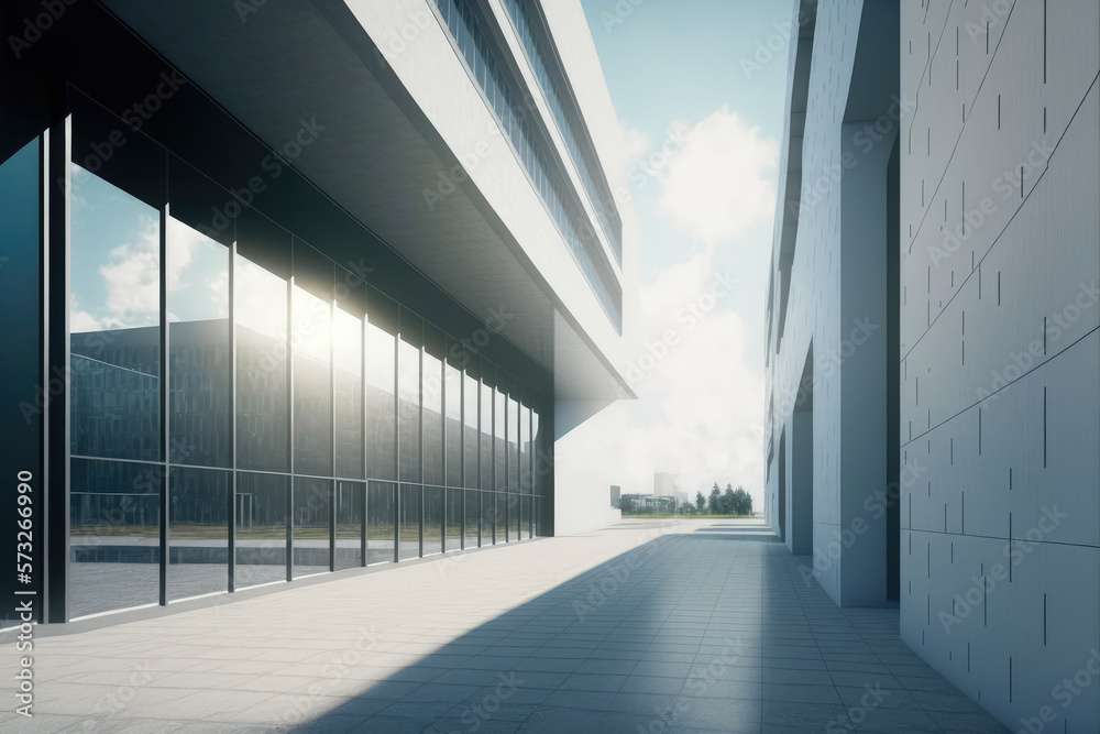 Modern architecture exterior of public hall entrance in urban building outdoor under bright sky with