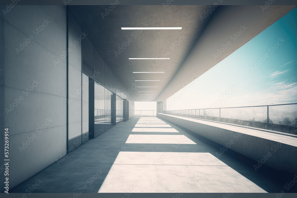 Modern architecture exterior of public hall entrance in urban building outdoor under bright sky with