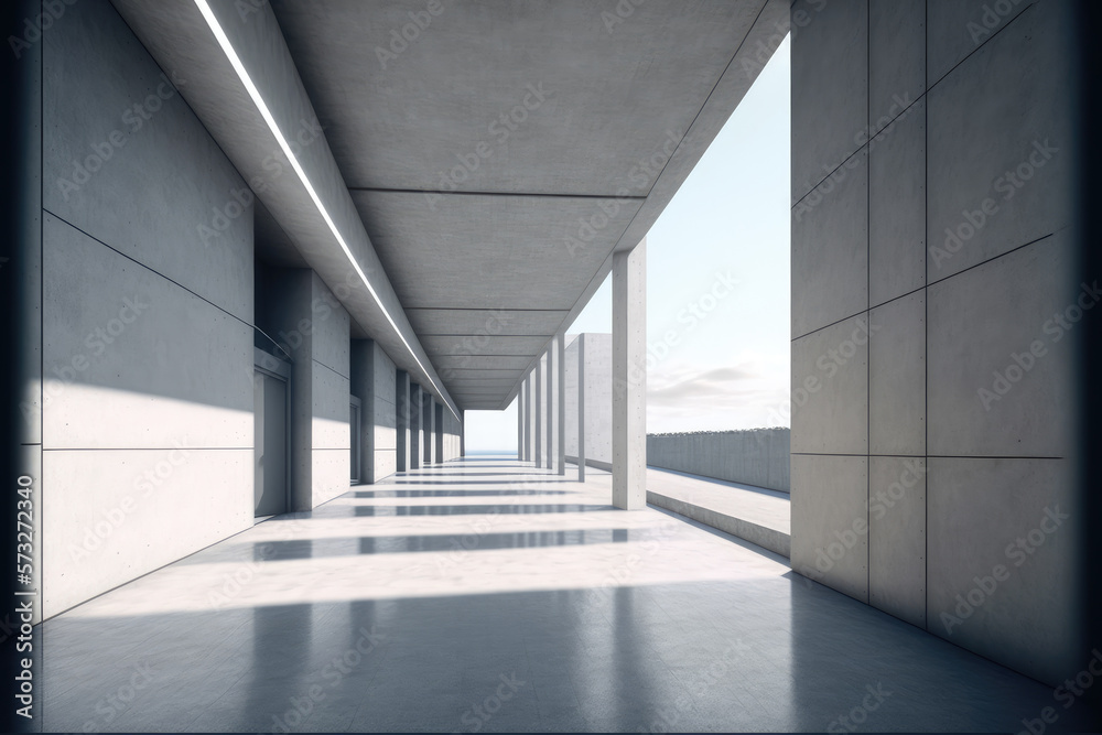 Modern architecture exterior of public hall entrance in urban building outdoor under bright sky with