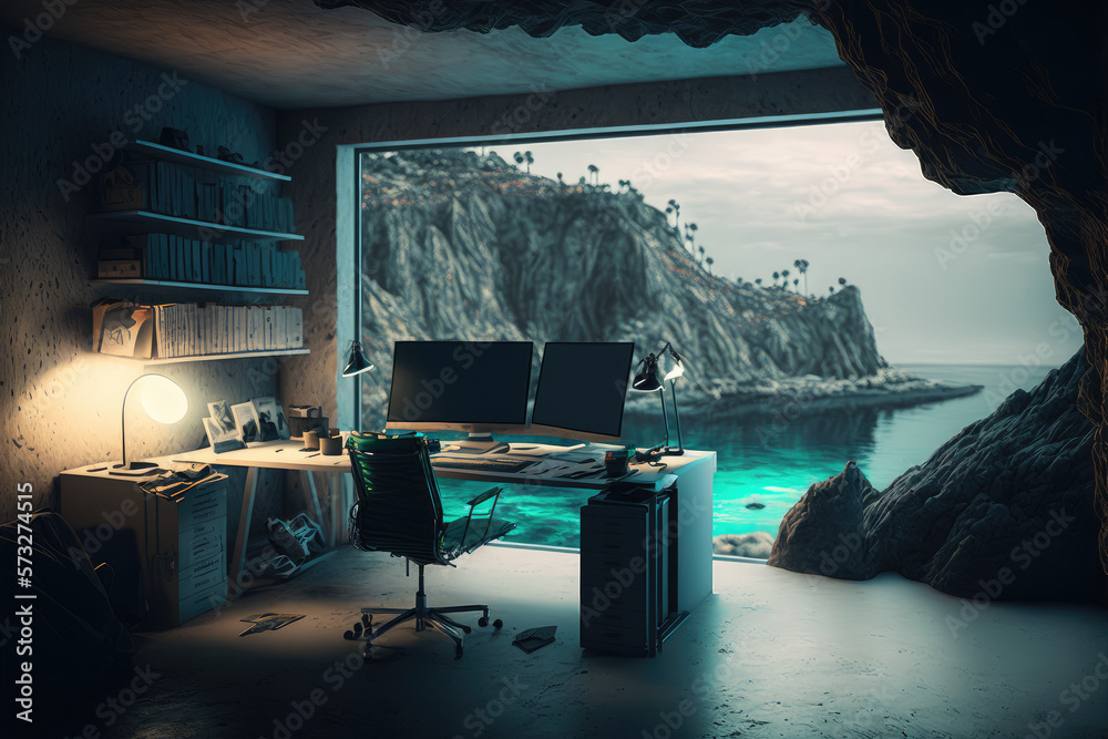 Imaginary home workspace in rocky cave with a large window overlooking ocean ridge landscape . Dream