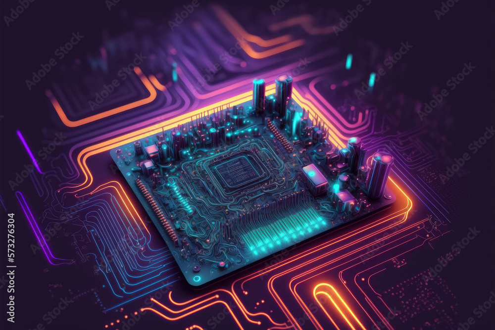 Computer microchip semiconductor on motherboard futuristic cyber neon lighting. Peculiar AI generati