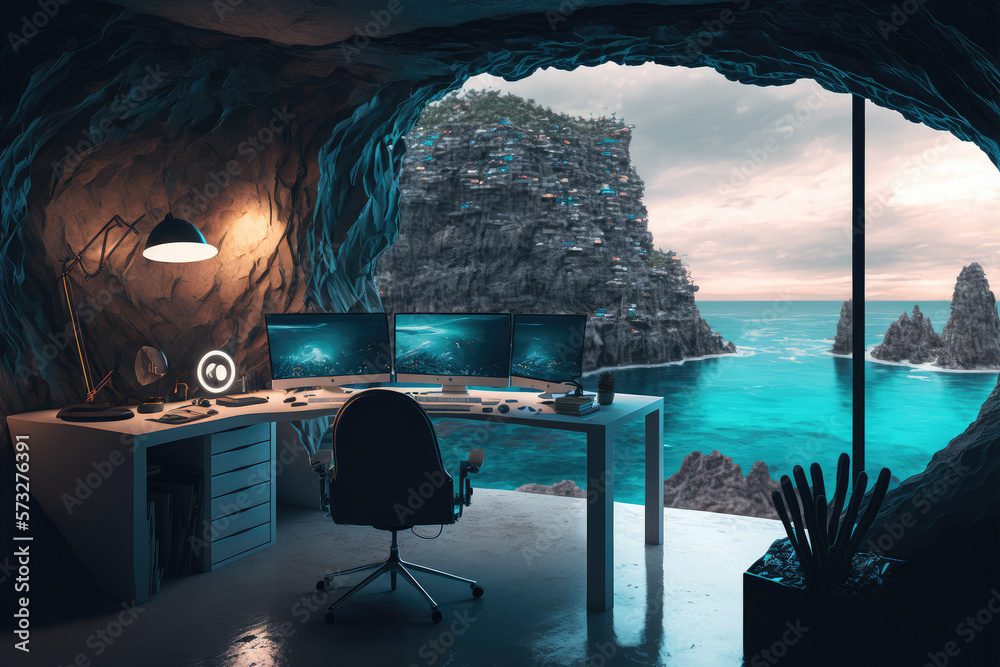 Imaginary home workspace in rocky cave with a large window overlooking ocean ridge landscape . Dream