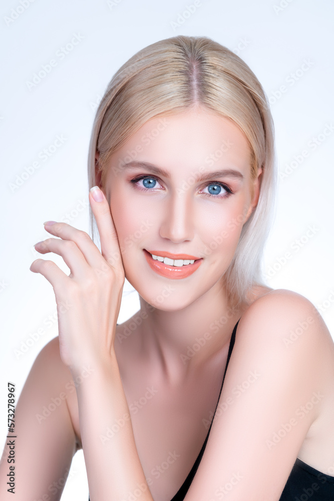 Closeup personable beautiful woman portrait with perfect smooth clean skin and natural makeup portra