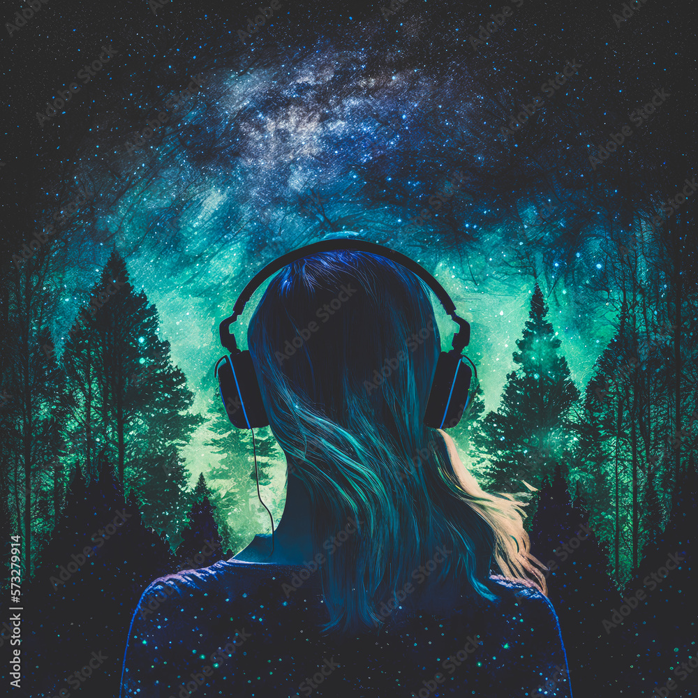 Sedate woman wearing headphone enjoy with music or forest ambient sound of nature in starry night sk